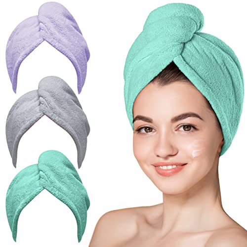 Hicober Microfiber Towel, Turbans for Wet Hair, Drying Wrap Towels for Curly Hair Women Towel Wrap for Kids-Purple,Green,Grey-Pack of 3 - Image 1