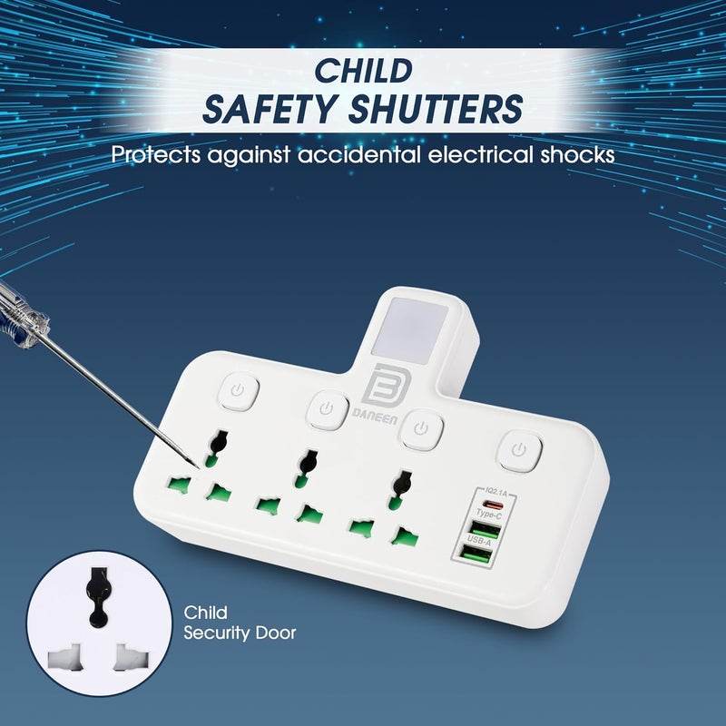 DANEEN 6-in-1 Multi plug power extension socket 3 Outlets, 2 USB Ports, 1 Type-C, LED Night Light, Surge protector, Universal plug adapter 4000W for multiple devices (White)(Socket Extender YS-T06) - Image 5