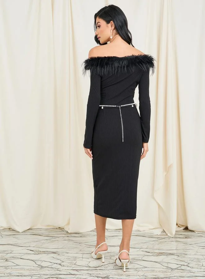 Styli Feather Trim Dress