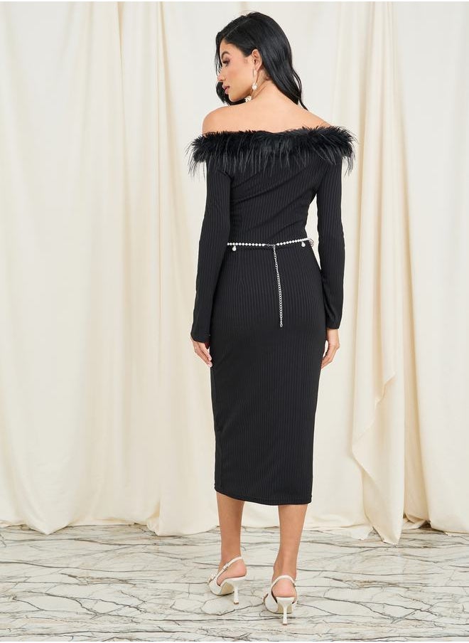 Styli - Faux Fur Off Shoulder Bodycon Dress with Embellished Belt - Image 1