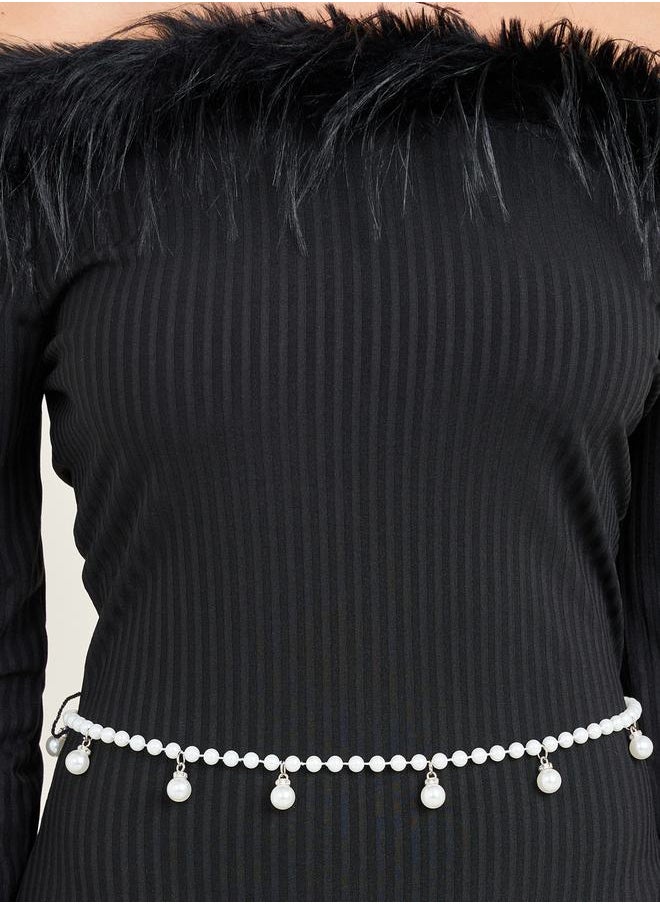 Styli - Faux Fur Off Shoulder Bodycon Dress with Embellished Belt - Image 1