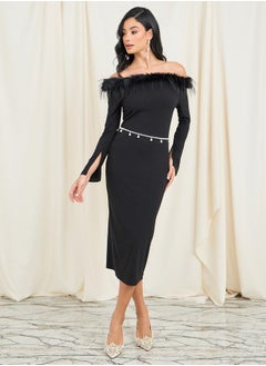 Faux Fur Off Shoulder Bodycon Dress with Embellished Belt