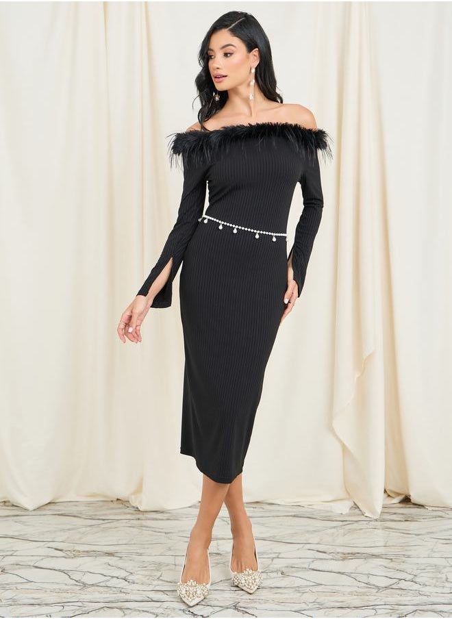 Styli - Faux Fur Off Shoulder Bodycon Dress with Embellished Belt - Image 1