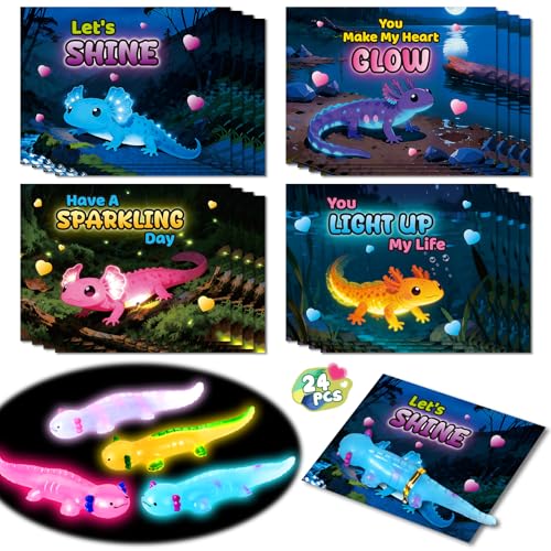 spring flower SpringFlower Valentines Day Cards for Kids School 24 Pack Valentines Day Cards with Glow In The Dark Axolotl Toys Valentines Day Gifts Exchange Valentines Party Favors Prizes for Kids Boys Girls - Image 1