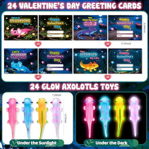 spring flower SpringFlower Valentines Day Cards for Kids School 24 Pack Valentines Day Cards with Glow In The Dark Axolotl Toys Valentines Day Gifts Exchange Valentines Party Favors Prizes for Kids Boys Girls - Image 5