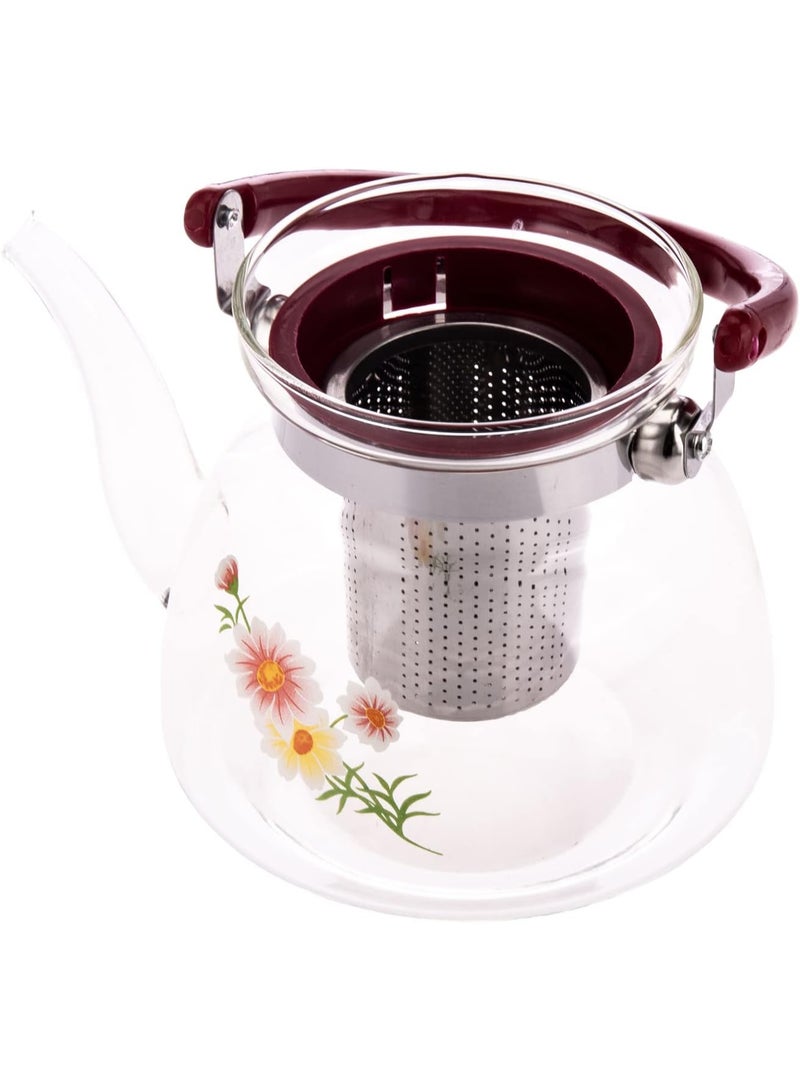 SAQOWARE Premium 1 Liter Glass Tea Kettle, Teapot or Cofee Pot with Stainless Steel Infuser – Heat Resistant Clear Kettle for Tea, Coffee, Kahwa or Cawa, Turkish cofee or arabic cawa pot – Durable Glass Pot with Strainer – Suitable for Gas Stove, Electric & Ceramic Cooktop and Camping – Elegant Flower Design - Image 4