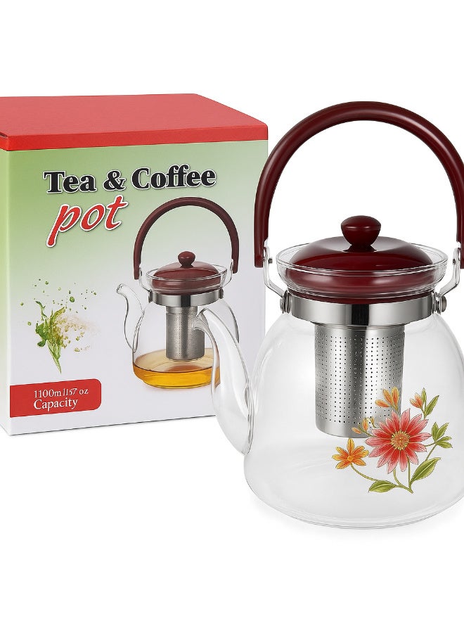 SAQOWARE Premium 1 Liter Glass Tea Kettle, Teapot or Cofee Pot with Stainless Steel Infuser – Heat Resistant Clear Kettle for Tea, Coffee, Kahwa or Cawa, Turkish cofee or arabic cawa pot – Durable Glass Pot with Strainer – Suitable for Gas Stove, Electric & Ceramic Cooktop and Camping – Elegant Flower Design - Image 1
