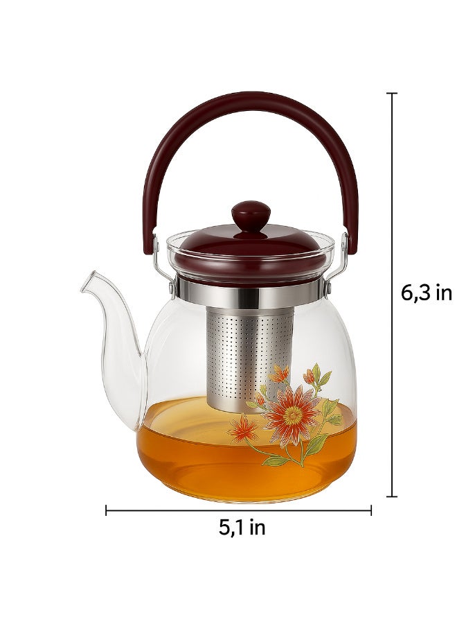 SAQOWARE Premium 1 Liter Glass Tea Kettle, Teapot or Cofee Pot with Stainless Steel Infuser – Heat Resistant Clear Kettle for Tea, Coffee, Kahwa or Cawa, Turkish cofee or arabic cawa pot – Durable Glass Pot with Strainer – Suitable for Gas Stove, Electric & Ceramic Cooktop and Camping – Elegant Flower Design - Image 2
