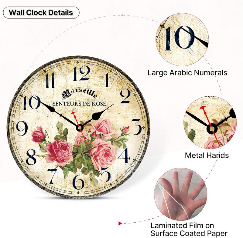Toudorp Home Wall Clock 14 Inch Silent Non-Ticking Quartz Movement Wooden Wall Clock Round Battery Operated Indoor Decorative Wall Clocks Vintage French Floral Wall Clock (Pink Roses) - Image 5