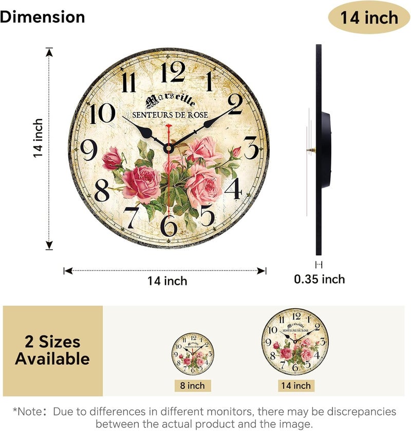Toudorp Home Wall Clock 14 Inch Silent Non-Ticking Quartz Movement Wooden Wall Clock Round Battery Operated Indoor Decorative Wall Clocks Vintage French Floral Wall Clock (Pink Roses) - Image 2