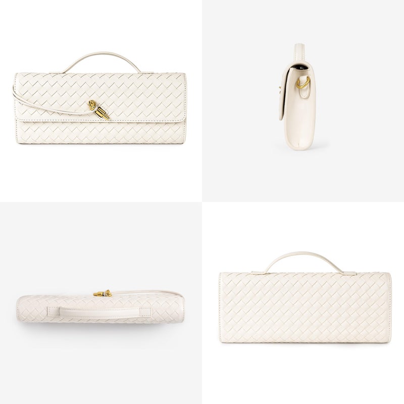 Joryin Woven Purse for Women Evening Clutch Woven Leather Handbags Crossbody Bag Purse Formal Evening Bag, Cream Beige - Image 3