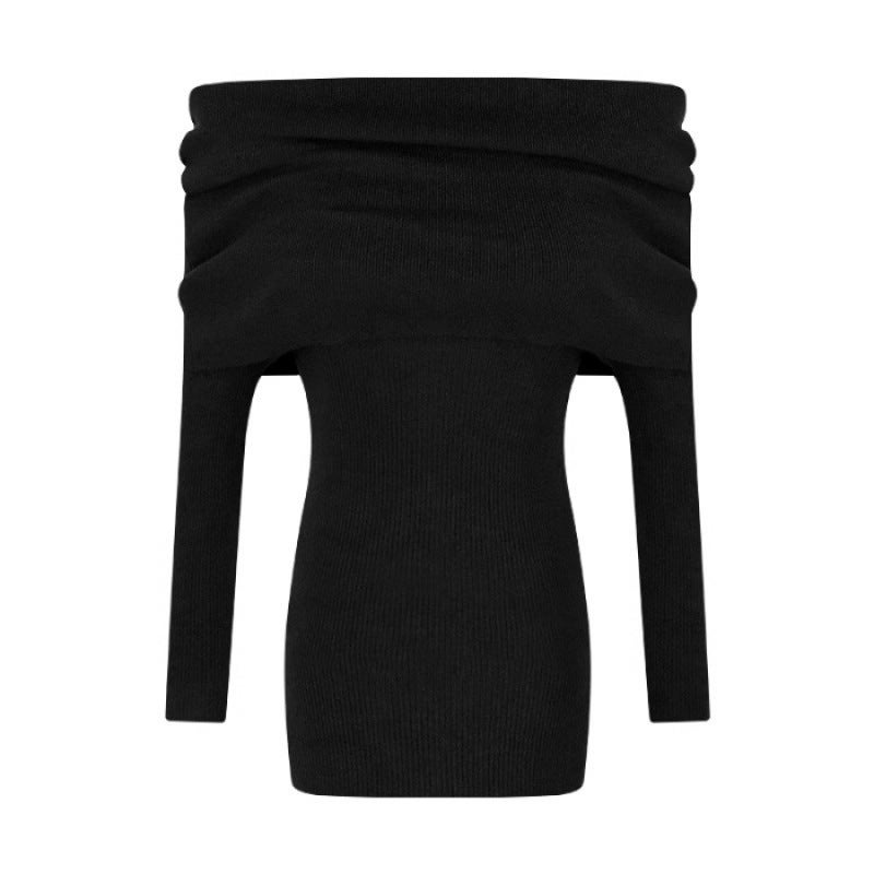 Autumn Womens Wear 2025 New High-end Long-sleeved off-shoulder Knitted dress Red Hip Skirt for Children LZ6691 Black - Image 1