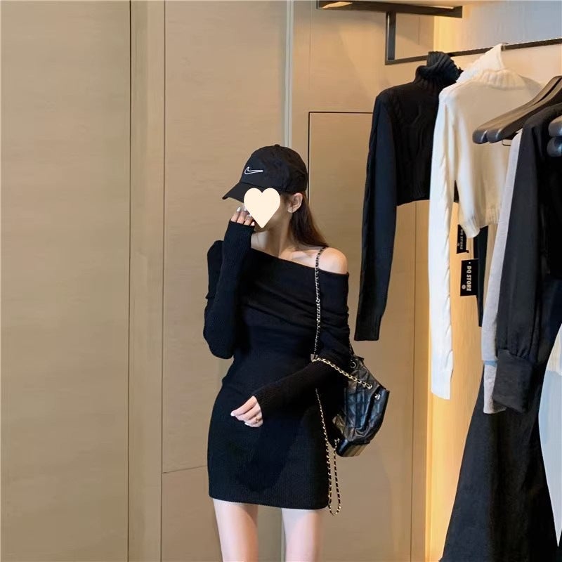 Autumn Womens Wear 2025 New High-end Long-sleeved off-shoulder Knitted dress Red Hip Skirt for Children LZ6691 Black - Image 5