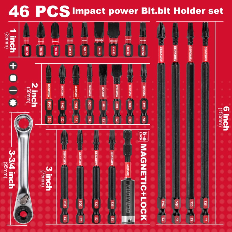 GEINXURN Impact Tough Magnetic Mixed 46Pack Insert Driver Bits, S2 Alloy Steel Screwdriver Power Bits Set with 1Pcs Impact Magnetic Bit Holder and Mini Wrench - Image 4