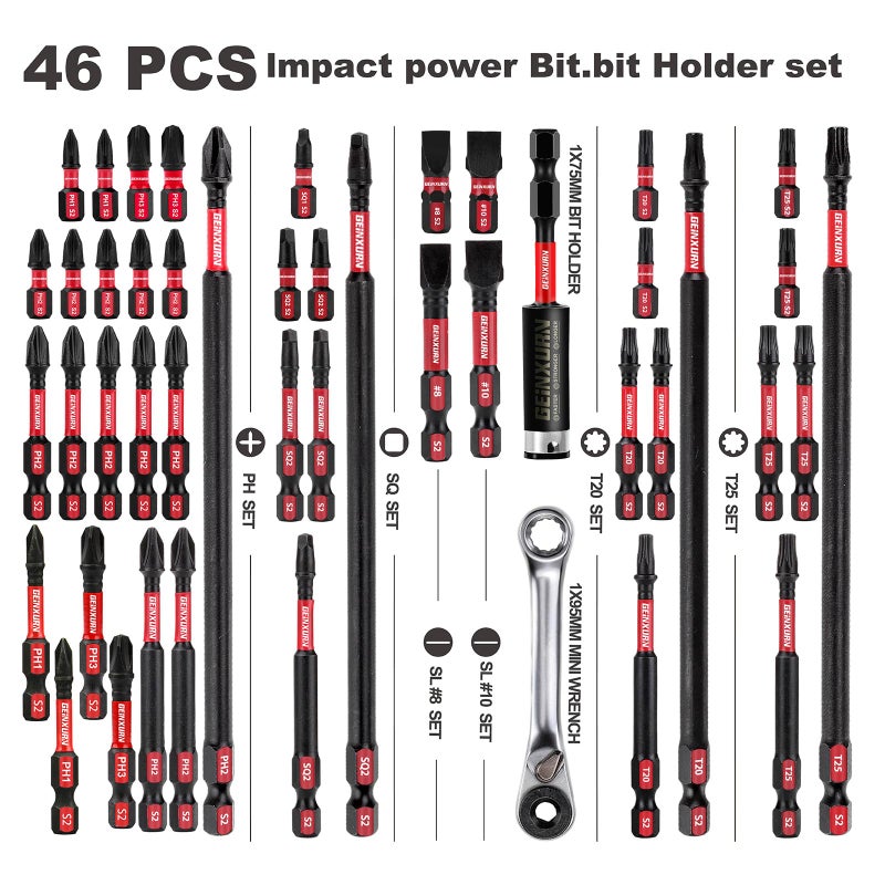 GEINXURN Impact Tough Magnetic Mixed 46Pack Insert Driver Bits, S2 Alloy Steel Screwdriver Power Bits Set with 1Pcs Impact Magnetic Bit Holder and Mini Wrench - Image 3