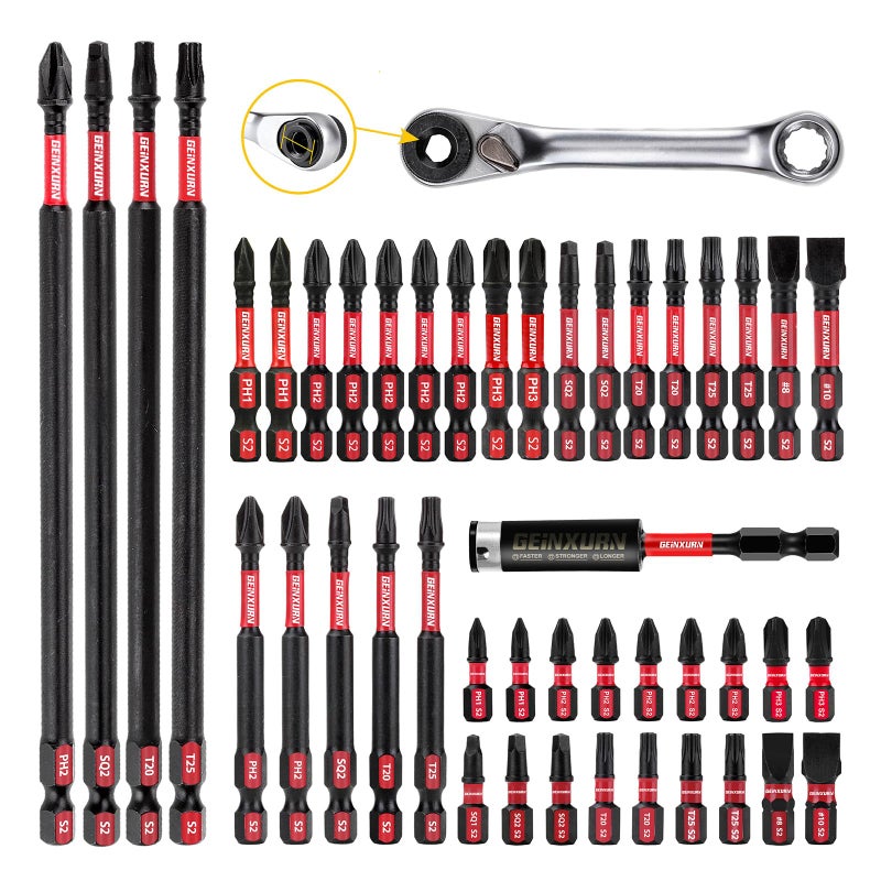 GEINXURN Impact Tough Magnetic Mixed 46Pack Insert Driver Bits, S2 Alloy Steel Screwdriver Power Bits Set with 1Pcs Impact Magnetic Bit Holder and Mini Wrench - Image 1