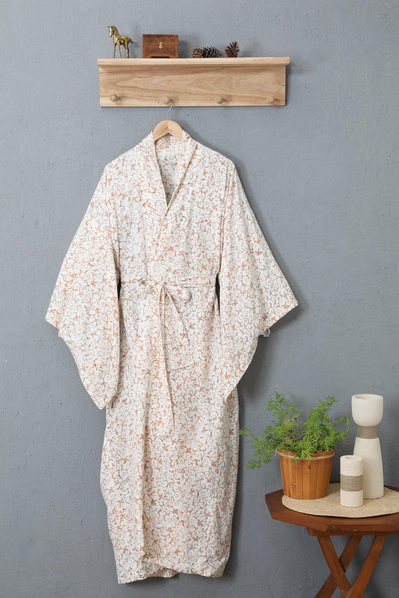 NOVICA Artisan Handmade Batik Robe Fair Trade Floral Patterned Women's from Indonesia Rayon Clothing Beige ' Bali Arabesques' - Image 2