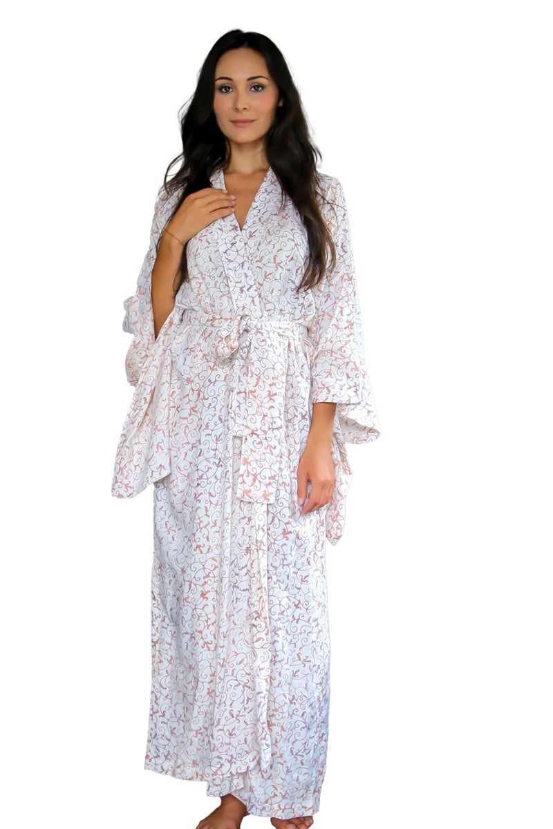 NOVICA Artisan Handmade Batik Robe Fair Trade Floral Patterned Women's from Indonesia Rayon Clothing Beige ' Bali Arabesques' - Image 1