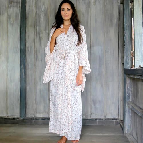 NOVICA Artisan Handmade Batik Robe Fair Trade Floral Patterned Women's from Indonesia Rayon Clothing Beige ' Bali Arabesques' - Image 4