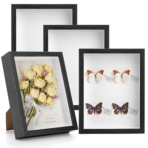 Hacaroa Set of 4 Shadow Box Picture Frame 8 x 6 Inches Wood Frame Memory Display Case 12 Inch Depth Shadow Boxes for Flowers Memorabilia Crafts Photos Medals and Tickets Black