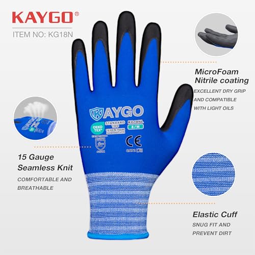 KAYGO Safety Work Gloves MicroFoam Nitrile Coated, 3 Pairs KG18NB,Seamless Knit Nylon Glove with full fingers Touchscreen, Ideal for Automotive,Warehouse,Construction (Large, Blue) - Image 2