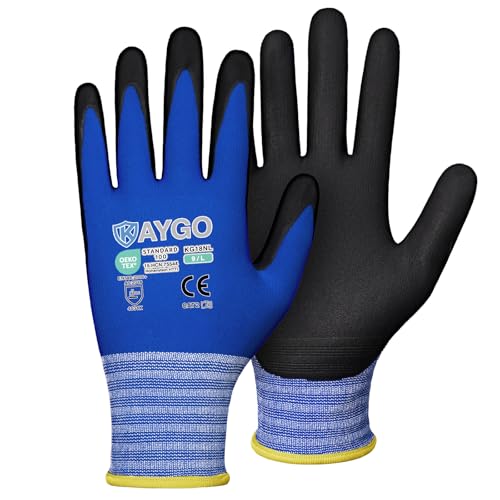 KAYGO Safety Work Gloves MicroFoam Nitrile Coated, 3 Pairs KG18NB,Seamless Knit Nylon Glove with full fingers Touchscreen, Ideal for Automotive,Warehouse,Construction (Large, Blue) - Image 1