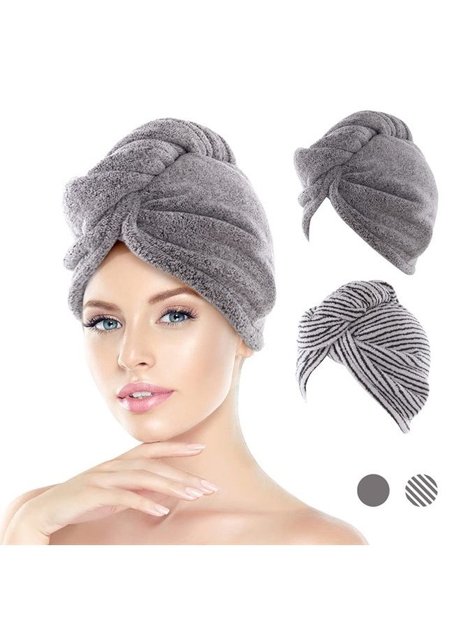 Microfiber Hair Towel Wrap for Women and Girls, Super Absorbent Quick Dry Wet Hair Turban for Drying Curly, Long, Thick, Frizzy Hair (Pack of 2 / Grey & Stripes)