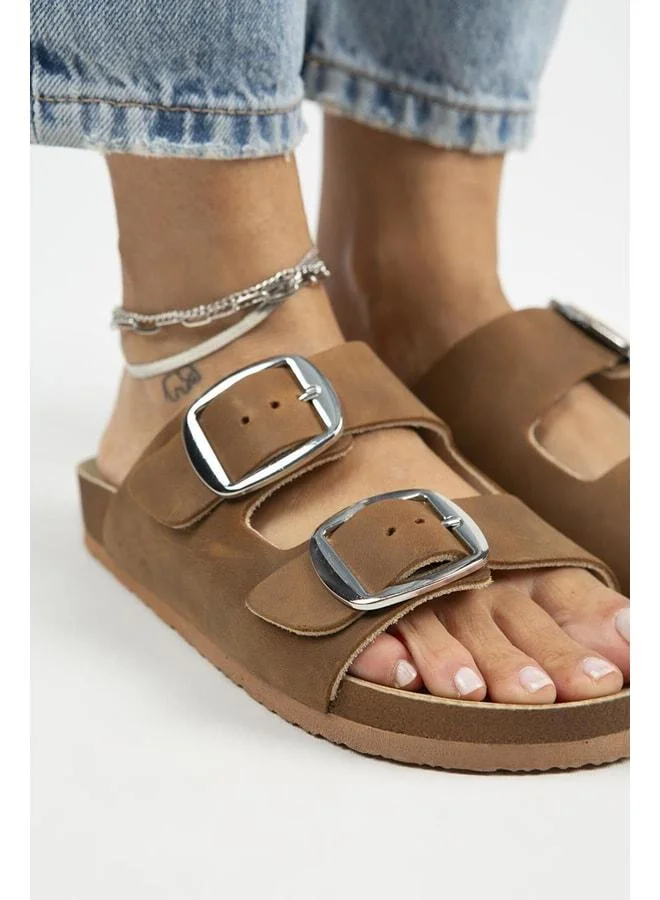 Manijero  Irene Vintage Women's Genuine Leather Double Buckle Coffee Silver Slippers - Brown for Women | Best Price UAE