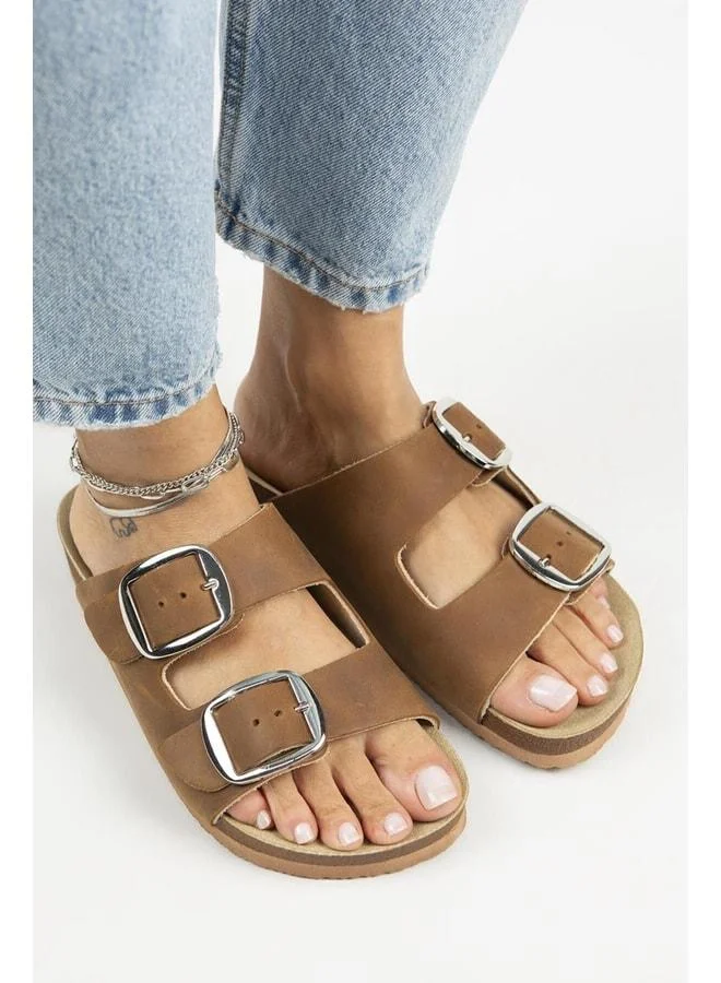 Manijero  Irene Vintage Women's Genuine Leather Double Buckle Coffee Silver Slippers - Brown for Women | Best Price UAE