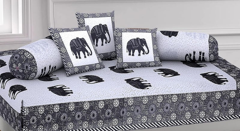 Go Texstylers Cotton Animal Print Pack of 6 Pcs Jaipuri Print Diwan Cover Set Grey  - Image 2