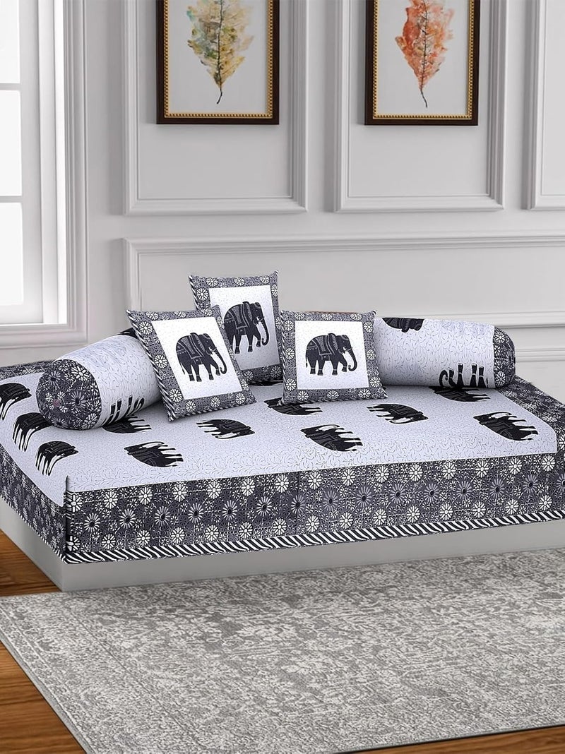 Go Texstylers Cotton Animal Print Pack of 6 Pcs Jaipuri Print Diwan Cover Set Grey  - Image 1