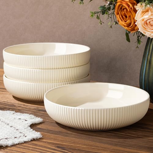 theterra 7.5'' Ceramic Pasta Bowls, Salad Bowls Set of 4, Stoneware Serving Bowls for Fruits, Noodle, Dinner, House-warming Wedding Present, Beige - Image 1