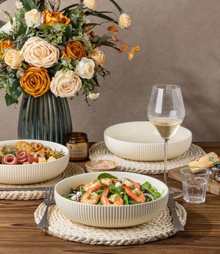 theterra 7.5'' Ceramic Pasta Bowls, Salad Bowls Set of 4, Stoneware Serving Bowls for Fruits, Noodle, Dinner, House-warming Wedding Present, Beige - Image 3