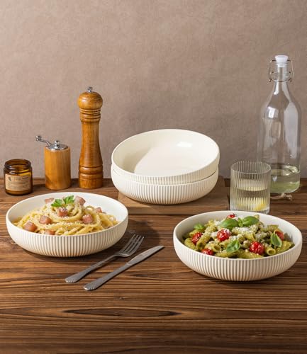 theterra 7.5'' Ceramic Pasta Bowls, Salad Bowls Set of 4, Stoneware Serving Bowls for Fruits, Noodle, Dinner, House-warming Wedding Present, Beige - Image 5