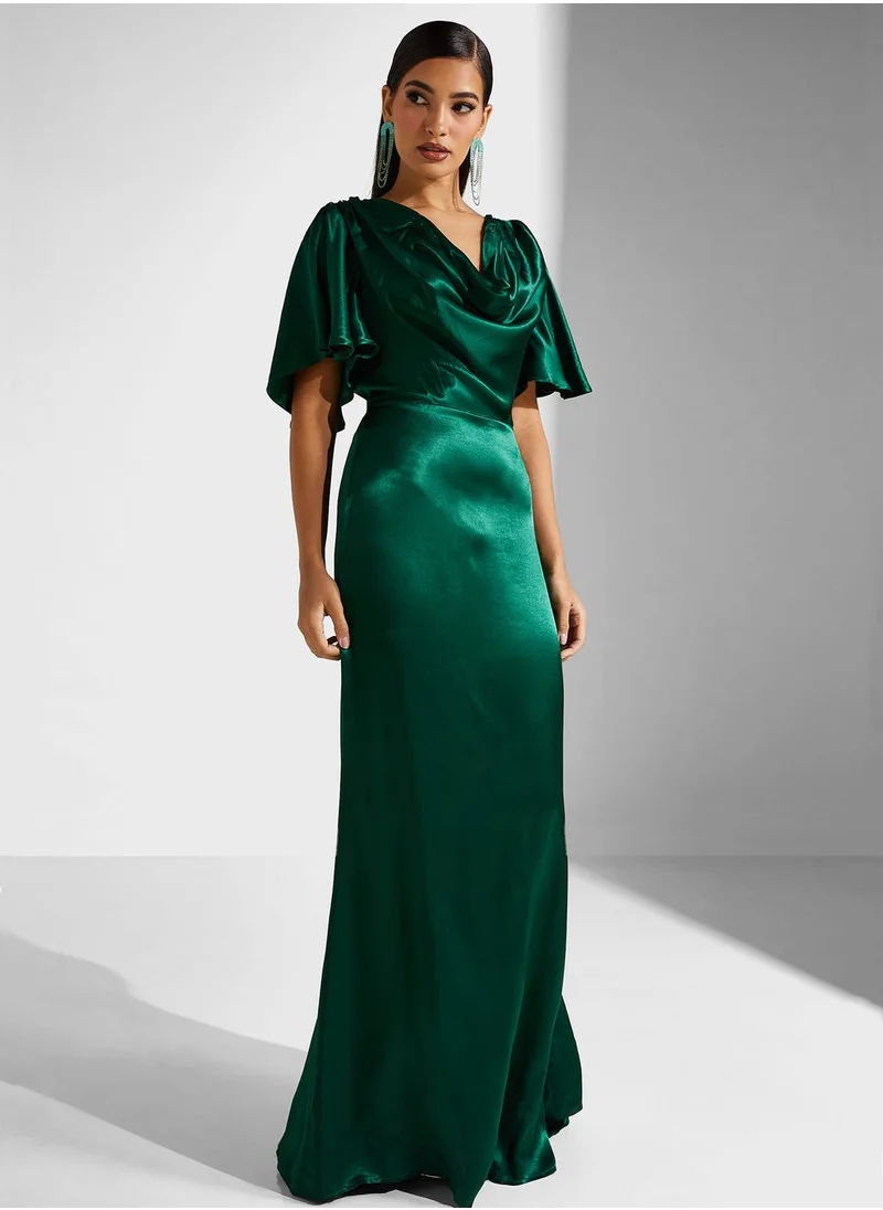 Goddiva Cowl Neck Flared Sleeve Satin Dress