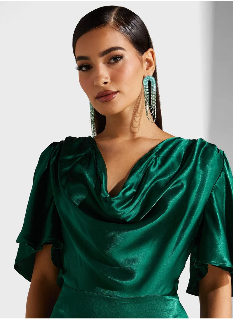 Goddiva Cowl Neck Flared Sleeve Satin Dress