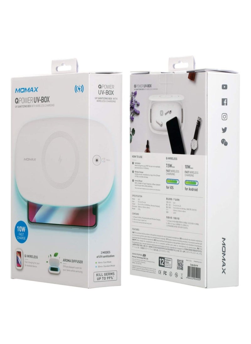 Momax - 3 in 1 Q.Power UV Box Sanitizer with Qi Fast Wireless Charger 10W and Aroma Diffuser - White - Image 1