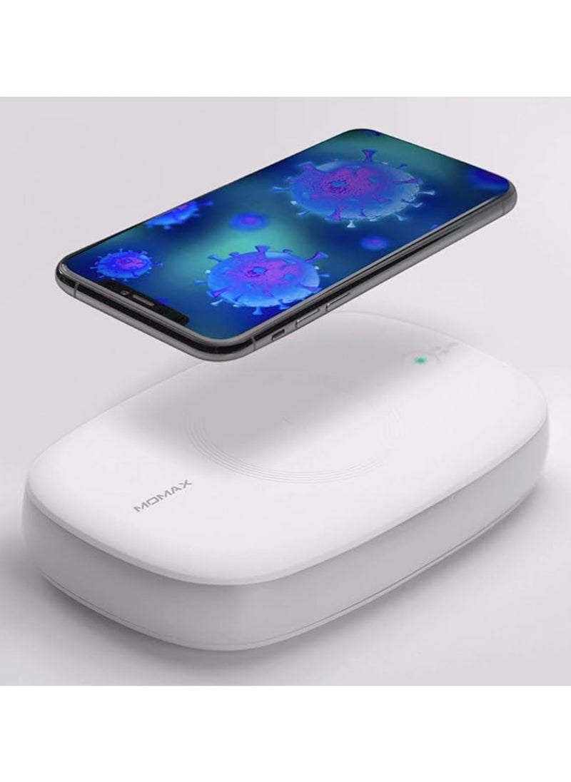 موماكس جهاز تعقيم 3 في 1 Q.Power UV Box مع شاحن لاسلكي سريع Qi بقوة 10 وات وناشر رائحة - أبيض  - Image 1