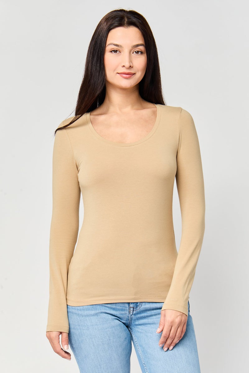 GANT Women U Neck Long Sleeve Plain T-Shirt, Khaki - Image 1