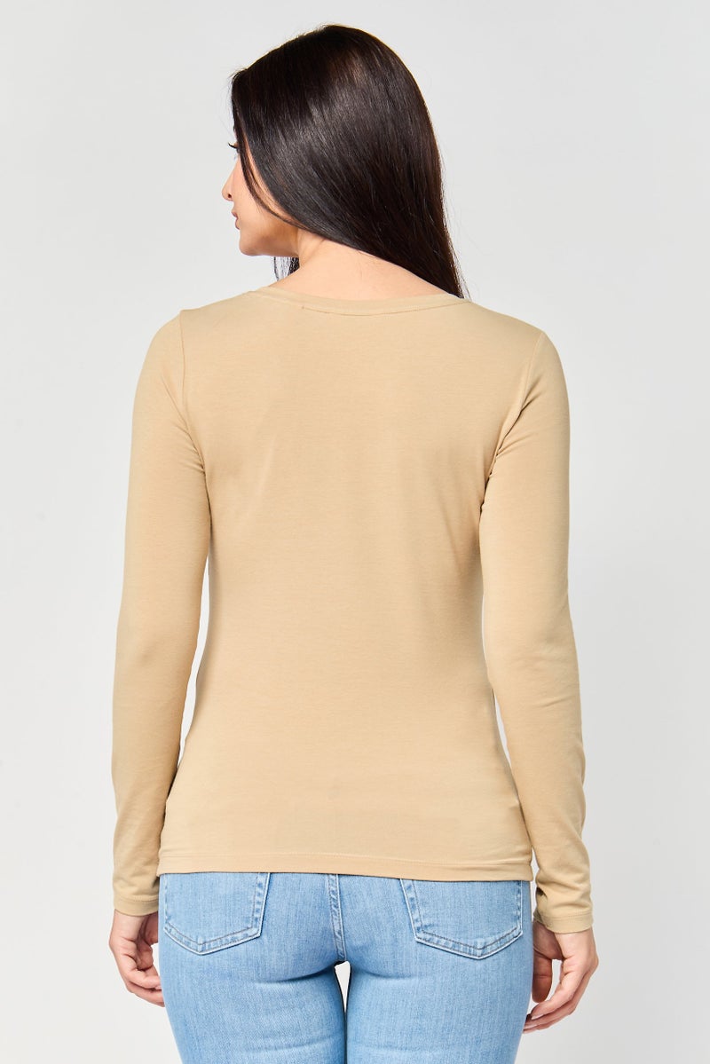 GANT Women U Neck Long Sleeve Plain T-Shirt, Khaki - Image 4