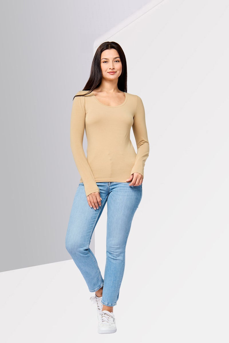 GANT Women U Neck Long Sleeve Plain T-Shirt, Khaki - Image 2