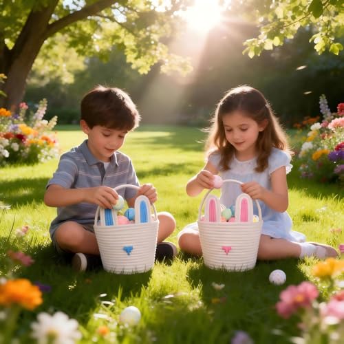Poschnor Large Easter Basket Empty with Gift Bags and Ribbons, Easter Bunny Basket for Kids, Woven Cotton Rope Storage Bins for Organizing, Pink - Image 4