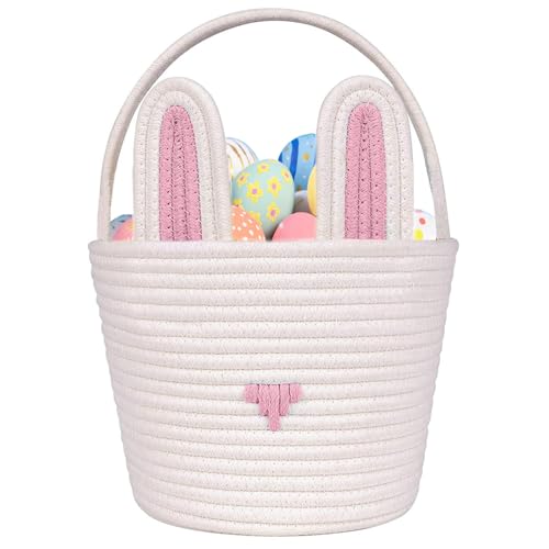 Poschnor Large Easter Basket Empty with Gift Bags and Ribbons, Easter Bunny Basket for Kids, Woven Cotton Rope Storage Bins for Organizing, Pink - Image 1