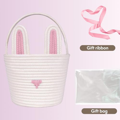 Poschnor Large Easter Basket Empty with Gift Bags and Ribbons, Easter Bunny Basket for Kids, Woven Cotton Rope Storage Bins for Organizing, Pink - Image 3