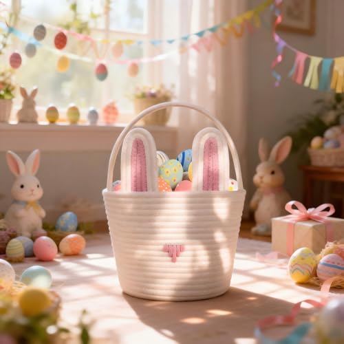Poschnor Large Easter Basket Empty with Gift Bags and Ribbons, Easter Bunny Basket for Kids, Woven Cotton Rope Storage Bins for Organizing, Pink - Image 2