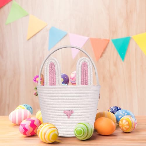 Poschnor Large Easter Basket Empty with Gift Bags and Ribbons, Easter Bunny Basket for Kids, Woven Cotton Rope Storage Bins for Organizing, Pink - Image 5