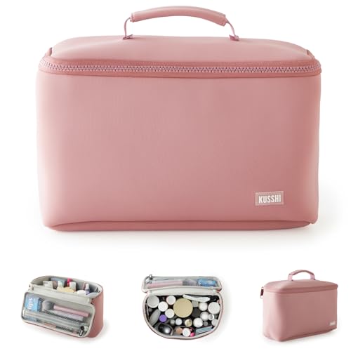 KUSSHI Neoprene Train Case Makeup Bag - Washable Makeup Travel Bag & Vanity Case for Stress Free Travel (Large, Mauve/Stone) - Image 1