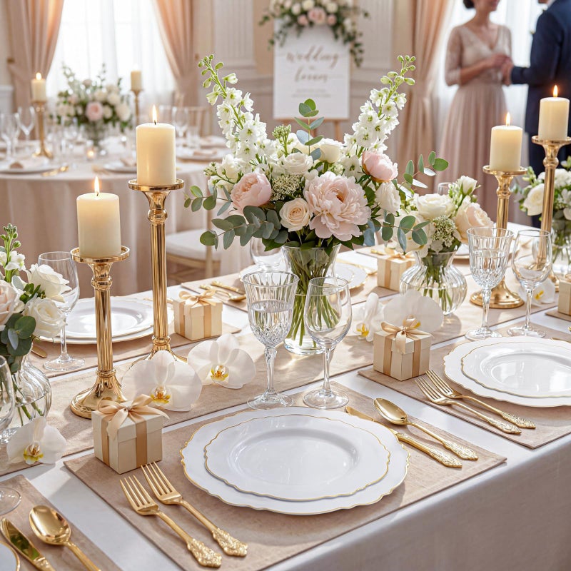 WDF 60pcs Gold Plastic Dinner Plates -10.25inch Baroque White and Gold Plates Fancy Plastic Plates for Upscale Bridal Shower & Wedding & Birthday - Image 3