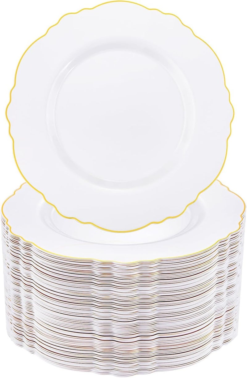 WDF 60pcs Gold Plastic Dinner Plates -10.25inch Baroque White and Gold Plates Fancy Plastic Plates for Upscale Bridal Shower & Wedding & Birthday - Image 1