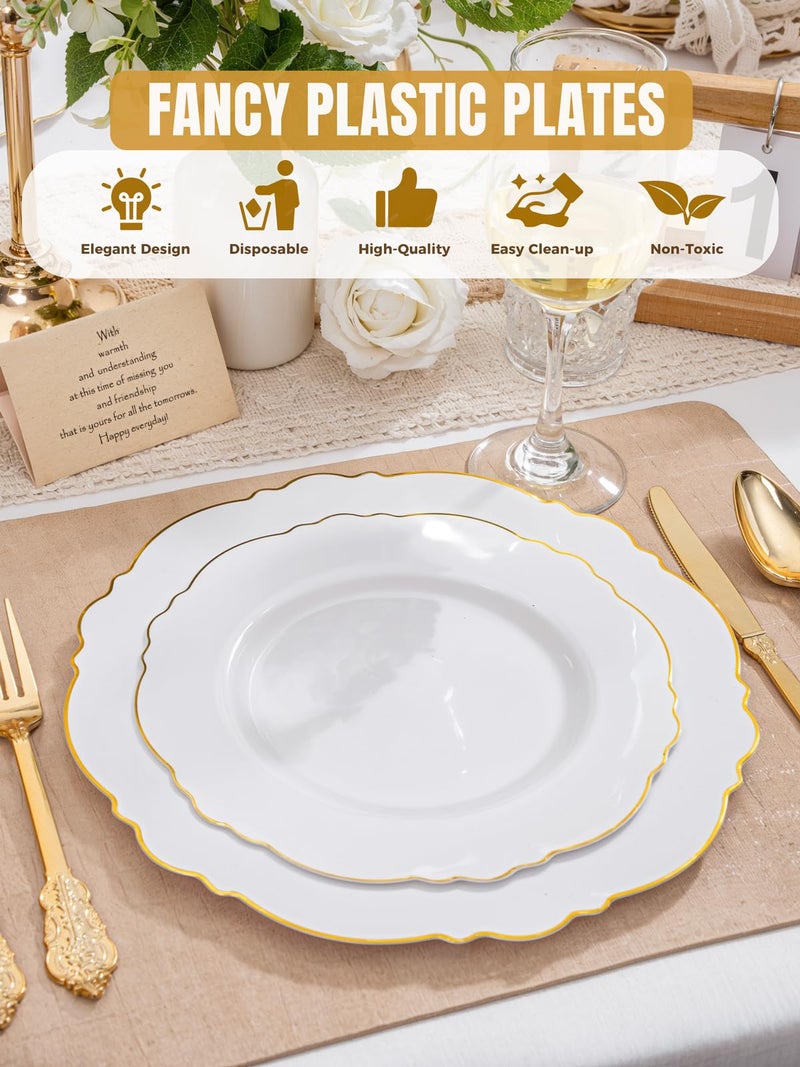 WDF 60pcs Gold Plastic Dinner Plates -10.25inch Baroque White and Gold Plates Fancy Plastic Plates for Upscale Bridal Shower & Wedding & Birthday - Image 5
